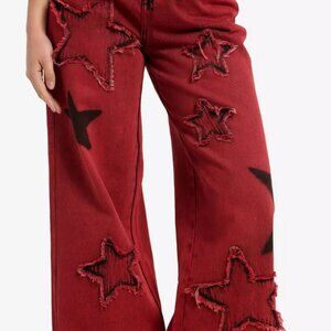 Red Wash Frayed Star Wide Leg Denim Pants